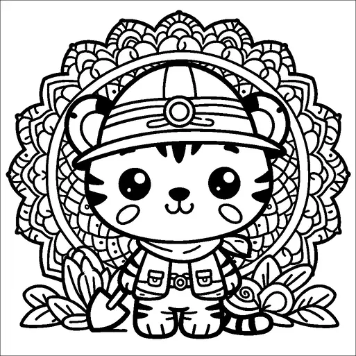 Un carino tigre è vestito da minatore, completo di un elmetto rigido e una piccola pala. Si trova circondato da intricati motivi floreali e mandala sullo sfondo. La tigre ha un'espressione amichevole con grandi occhi espressivi. La sua piccola coda a strisce spunta da dietro il suo corpo.