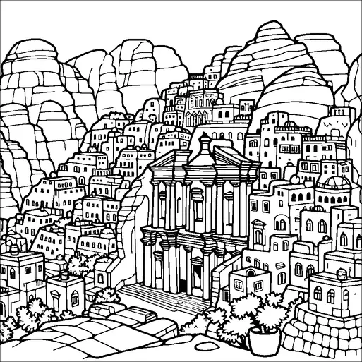 La iconica architettura scavata nella roccia di Petra è incastonata tra scogliere aspre e imponenti. Le facciate intricate degli antichi edifici sono scolpite direttamente nel arenaria, mostrando un mix di arte naturale e artigianale. Il paesaggio è punteggiato da varie piccole strutture e vegetazione, aggiungendo profondità e un senso di scala. Questa vista cattura la grandiosità e l'importanza storica di questa antica città.