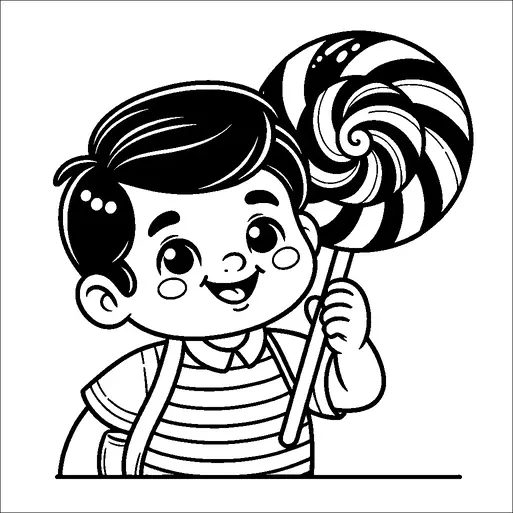 Un niño alegre sostiene un gran caramelo rayado, sonriendo ampliamente. El niño tiene el cabello corto y lleva una camisa a rayas con tirantes. El caramelo presenta un patrón en espiral. La impresión general es alegre y juguetona.