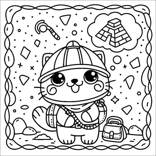 Un personaje de gato adorable está vestido como un explorador, llevando un casco duro y una mochila. El fondo incluye formas geométricas y una burbuja de pensamiento con una imagen de una pirámide, sugiriendo exploración o aventura. El gato está rodeado de pequeños objetos como una bolsa y una herramienta arqueológica, mejorando el tema aventurero. El borde está decorado con bucles, añadiendo un aspecto enmarcado a la escena.