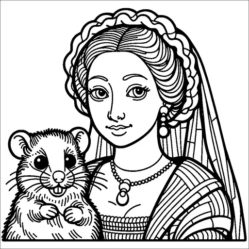 Una donna con capelli elaboratamente intrecciati e un velo è raffigurata mentre tiene un piccolo roditore dall'aspetto giocoso. La donna è adornata con gioielli, tra cui orecchini e una collana, e indossa un abito riccamente decorato. Il roditore appare allegro con grandi occhi e denti anteriori prominenti. L'impressione generale è di un momento di pace tra la donna e il suo animale domestico.