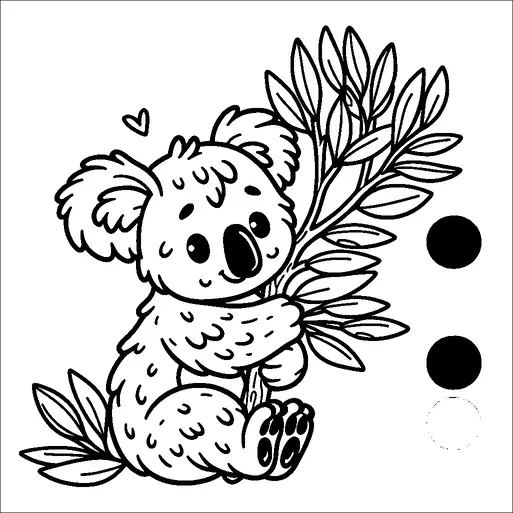 Un carino koala sta abbracciando un ramo con diverse foglie. Sopra il koala, c'è una piccola forma a cuore, che aggiunge un tocco giocoso alla scena. Sul lato destro, ci sono cinque cerchi di colori diversi disposti verticalmente. La composizione generale suggerisce un'atmosfera amichevole e allegra.
