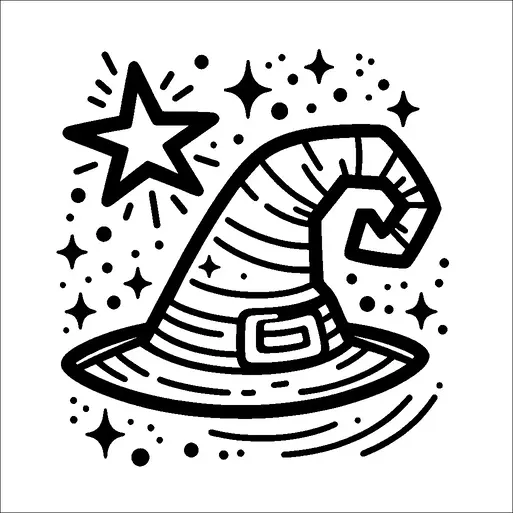 Un cappello stregato storto con una fibbia è circondato da stelle e scintille. Il design ha un tocco capriccioso e magico. La stella a sinistra del cappello è più grande e contribuisce al tema incantevole. Punti e forme di stelle più piccole arricchiscono ulteriormente lo sfondo.