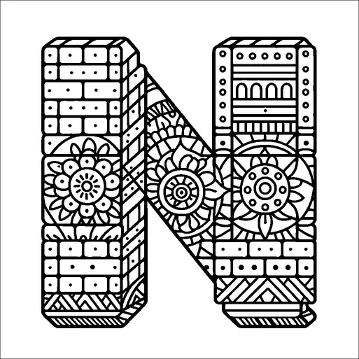 Una grande lettera "N" è intricatamente riempita con vari motivi geometrici e floreali. I disegni includono fiori, cerchi, punti e motivi simili a mattoni, creando una composizione visivamente coinvolgente. Ogni sezione della lettera mostra un diverso motivo, aggiungendo texture e dettaglio. Il design generale ha un aspetto simmetrico ed equilibrato.