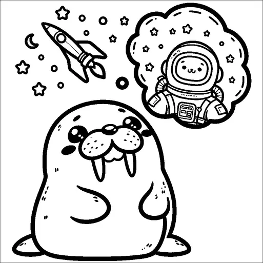 Un simpatico tricheco si immagina come un astronauta nello spazio. Sogna di volare in un razzo circondato da stelle e una luna crescente. Il tricheco ha un'espressione giocosa e allegra. Il fumetto è riempito con una scena spaziale in stile cartone animato, che sottolinea la sua avventura immaginativa.