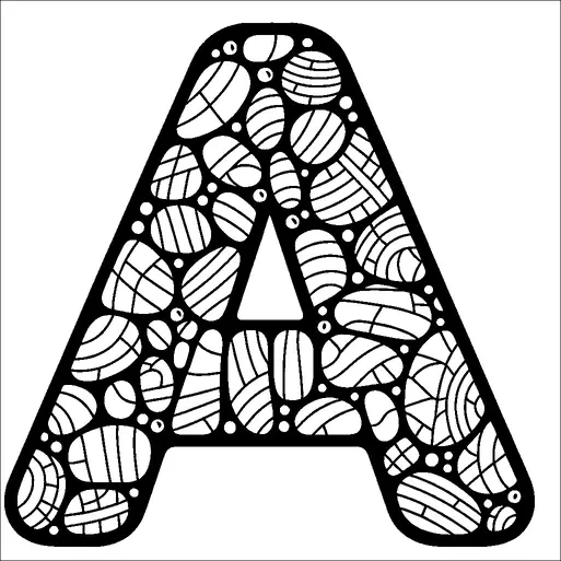 Una letra "A" estilizada está compuesta de varias formas geométricas, cada una rellena con diferentes patrones de líneas. Las formas dentro de la letra incluyen óvalos y círculos, añadiendo textura y profundidad. Estos patrones varían desde líneas diagonales hasta diseños de entrecruzados, haciendo que la letra sea visualmente intrincada. La letra se destaca contra un fondo liso, enfatizando el detallado diseño interior.