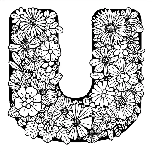 La lettera "U" è progettata in modo creativo con vari fiori e foglie intricatamente intrecciati in tutta la sua struttura. L'arrangiamento floreale include diverse dimensioni e forme, conferendo un aspetto ricco e dettagliato. I contorni neri enfatizzano i motivi floreali, migliorando il contrasto visivo. Il design combina eleganza e bellezza naturale in un layout armonioso.