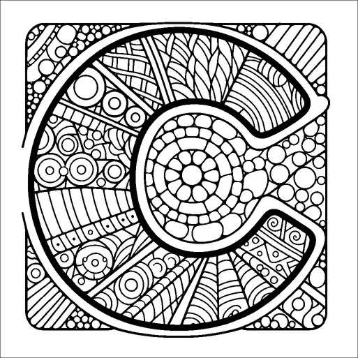 Un gran letra "C" está llena de intrincados patrones y formas geométricas como círculos, líneas y ondas. El fondo contiene una variedad de diseños abstractos, incluyendo espirales y puntos, creando una apariencia compleja y decorativa. El diseño está encerrado dentro de un borde cuadrado. La combinación de elementos le da a la imagen una sensación animada y dinámica.