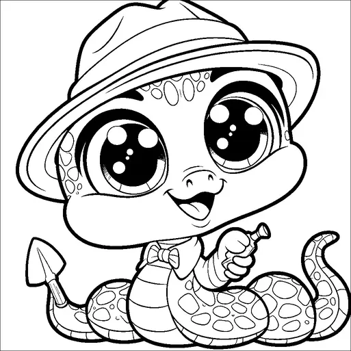 Un allegro personaggio serpente è raffigurato con un cappello a tesa larga e un papillon. Ha grandi occhi espressivi e un sorriso amichevole, tiene in mano un piccolo oggetto che assomiglia a una bottiglia. Il personaggio ha un corpo decorato con forme ovali sulle sue squame. La coda del serpente è visibile, e sembra essere giocosa e animata.