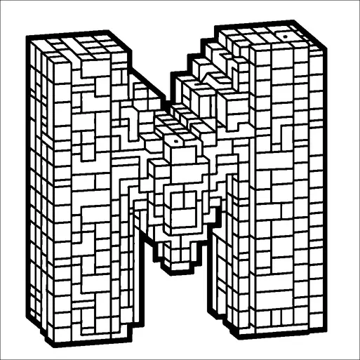 Una grande lettera "M" tridimensionale è costruita da numerosi blocchi rettangolari interconnessi. I blocchi variano in dimensione e sono disposti in un complesso e intricato modello, creando una superficie testurizzata. Il design appare architettonico, somigliante a una struttura o a un concetto di edificio. L'immagine è composta in bianco e nero, enfatizzando gli elementi geometrici.