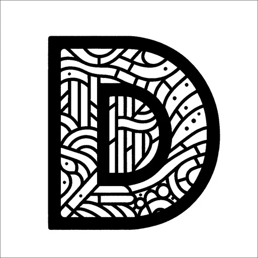 Una grande lettera "D" riempita con un intricato modello astratto di linee e forme. Il design include una varietà di elementi visivi come curve, punti e cerchi. I modelli sono densamente impacchettati, creando una texture complessa e visivamente coinvolgente all'interno del contorno della lettera. Lo stile generale è coeso e simmetrico, con una distribuzione equilibrata di motivi.
