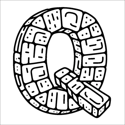 Una lettera "Q" stilizzata è composta da un arrangiamento di forme rettangolari simili a un mosaico. Ogni segmento della "Q" contiene unici modelli e disegni astratti. L'aspetto generale è giocoso e artistico, con un senso di trama e profondità creato dalle varie forme e dettagli all'interno di ogni segmento. Il design monocromatico permette ai complessi modelli all'interno della lettera di essere il punto focale.