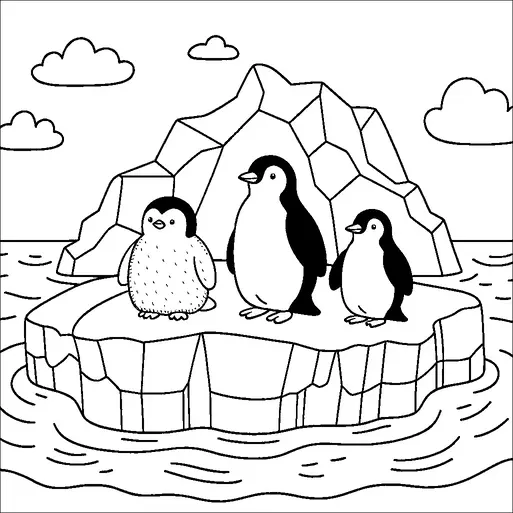 Tre pinguini stanno su un lastrone di ghiaccio circondato dall'acqua, con un iceberg e nuvole sullo sfondo. I pinguini variano in dimensioni, suggerendo diverse età o specie. La scena trasmette un tipico ambiente antartico con freddi e ghiacciati dintorni. L'oceano attorno all'iceberg ha onde gentili.