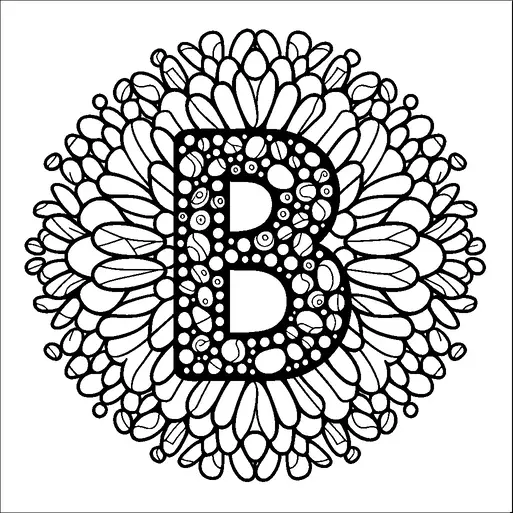 Al centro si trova la lettera "B", adornata con vari intricati modelli di cerchi e punti. Intorno alla lettera c'è un array circolare di forme simili a petali, che creano un motivo floreale. Il design è simmetrico, con modelli dettagliati e ripetitivi che migliorano l'estetica generale. Lo schema monocromatico enfatizza la complessità del tratto.