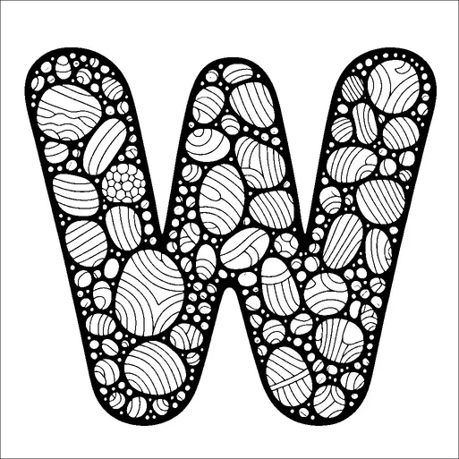 Una grande lettera "W" è riempita con un intricato modello di cerchi e ovali di varie dimensioni. Ogni forma contiene diversi modelli di linee come strisce, onde e spirali. Gli spazi bianchi all'interno delle forme danno un senso di trama e profondità al design. La composizione generale è audace e visivamente accattivante.