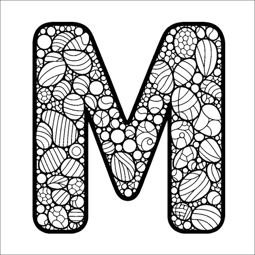 Una grande lettera "M" è riempita con un modello di cerchi e ovali di varie dimensioni, ognuno con disegni a righe o a spirale. Lo sfondo è semplice, mettendo in risalto i dettagli intricati all'interno della lettera. La composizione crea un modello visivamente coinvolgente e complesso. Il design è sia strutturato che giocoso, con un armonioso arrangiamento di forme.