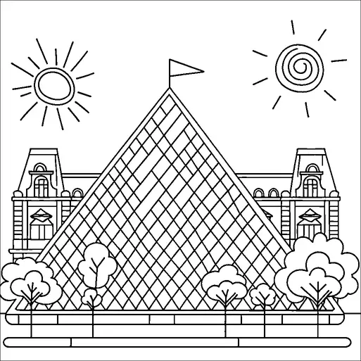 Una grande piramide di vetro si trova di fronte a un edificio classico, circondato da diversi alberi stilizzati. Due soli sono raffigurati nel cielo, ognuno con raggi distinti che emanano dai loro centri. La scena suggerisce una fusione di architettura moderna e storica, probabilmente rappresentando un famoso punto di riferimento. L'area è delimitata da un muro basso o un sentiero.