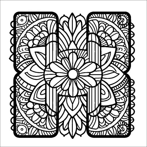 Questa complessa progettazione mette in mostra la lettera "H" impreziosita da motivi floreali e geometrici simmetrici. Il motivo centrale è un grande fiore, circondato da una varietà di foglie e forme astratte. Questi elementi sono disposti in modo armonioso ed equilibrato, creando un layout visivamente coinvolgente. Il design combina elementi tradizionali e contemporanei per creare uno stile elaborato e decorativo.