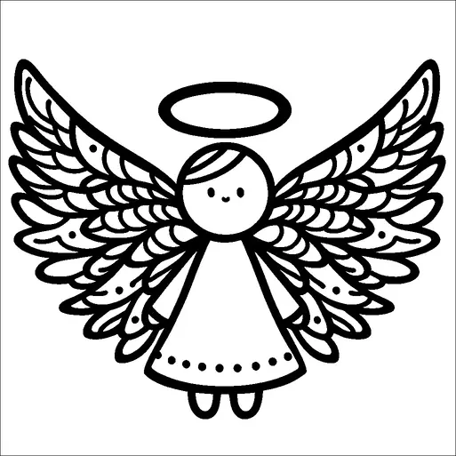 Una semplice illustrazione mostra un angelo con grandi ali dettagliate e un'aureola sopra la testa. L'angelo ha un viso rotondo con un piccolo sorriso e indossa una lunga tunica con elementi decorativi. Le ali sono intricatamente disegnate, dando un senso di piume stratificate. L'aureola è una forma ovale liscia che fluttua sopra la testa, contribuendo al tema celestiale.