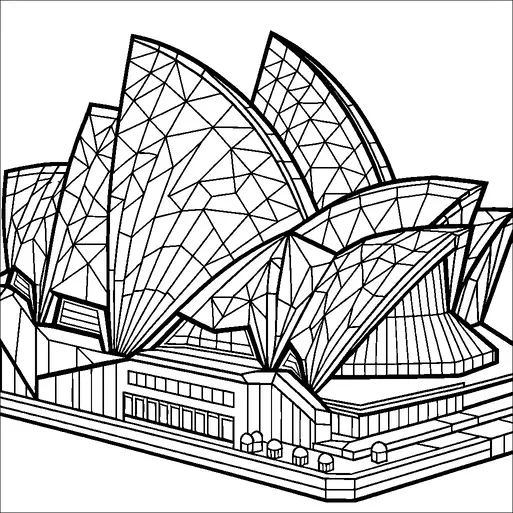 Disegno dell'Opera House di Sydney con le sue iconiche strutture a forma di vela composte da motivi geometrici e linee. Viene enfatizzata la silhouette distintiva, mostrando il suo moderno design architettonico. La struttura è rappresentata da una prospettiva angolare, evidenziando diverse sezioni dell'edificio. Le linee dettagliate creano un aspetto intricato e stratificato, catturando la complessità del design.