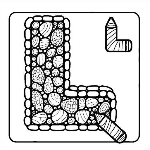 Una grande lettera "L" composta da vari sassi intricatamente decorati riempie l'immagine. Nell'angolo in alto a destra, un disegno a matita ha la forma di una lettera "L" più piccola. I sassi variano per dimensione e texture, offrendo un aspetto diversificato e dettagliato. Sia la grande lettera che il dettaglio a matita sono racchiusi in un bordo quadrato.