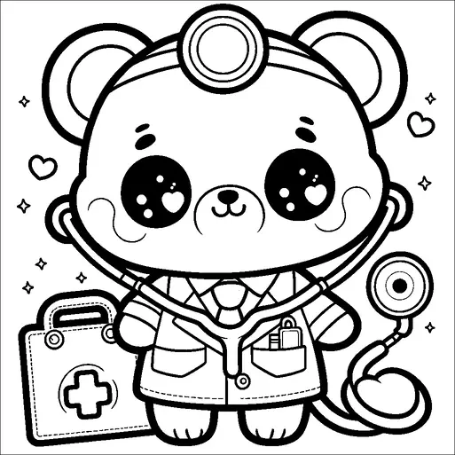 Un orso carino è vestito da dottore, completo di stetoscopio attorno al collo e uno specchio frontale sulla testa. L'orso indossa un camice con tasche contenenti strumenti medici. Un kit di pronto soccorso è mostrato nelle vicinanze, adornato con un simbolo di croce medica. Piccoli cuori e stelle sono sparsi intorno, aggiungendo un tocco giocoso.