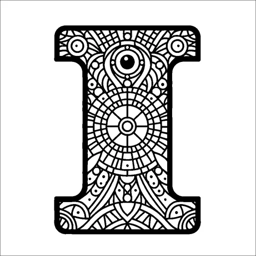 Una ornata lettera "I" è riempita con intricati modelli geometrici e disegni simmetrici. I modelli includono forme circolari, linee e motivi che assomigliano a mandala astratti. L'opera d'arte crea un affascinante visivo con il suo dettagliato e armonioso arrangiamento. Probabilmente invita gli spettatori a esplorare la sua complessa struttura.