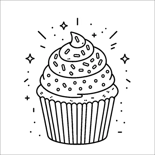 Un cupcake con glaseado en espiral en la parte superior está decorado con chispitas. El envoltorio del cupcake muestra crestas verticales. Alrededor del cupcake, hay pequeñas formas de estrellas y destellos, añadiendo un toque caprichoso. El diseño es simple y limpio.