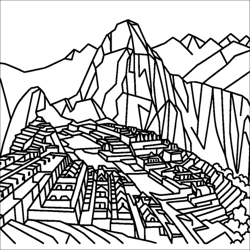Machu Picchu è ritratto immerso nelle Ande, con le sue iconiche terrazze e la distinta architettura in pietra. La vetta imponente di Huayna Picchu si erge in modo prominente sullo sfondo. La scena cattura la complessità e la grandiosità dell'antica città, enfatizzando la sua armoniosa integrazione con il paesaggio circostante. L'illustrazione delinea le terrazze e i sentieri caratteristici di questo sito storico.