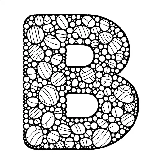 Una gran letra 'B' está compuesta de numerosos círculos de diferentes tamaños. Algunos de los círculos tienen patrones adicionales en su interior, como rayas. El fondo es simple, haciendo que la letra y su diseño intrincado resalten. El aspecto general es geométrico y decorativo.