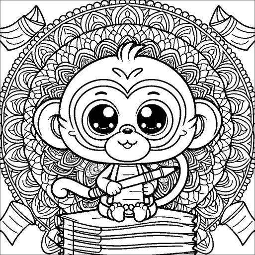Un simpático mono con grandes ojos está sentado en una pila de papeles, sosteniendo un lápiz. El fondo intrincado presenta un detallado diseño de mandala. La escena está rodeada por varias hojas de papel flotantes. El mono parece alegre y comprometido.