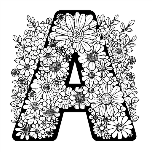 Una grande lettera "A" è adornata con un intricato arrangiamento di vari fiori e foglie. Il design floreale si intreccia dentro e intorno alla lettera, creando un armonioso connubio tra natura e tipografia. Il dettaglio in ogni petalo e foglia mette in mostra un assortimento diversificato di specie floreali. L'opera d'arte è sia decorativa che organica, evidenziando la bellezza dei fiori intrecciati con un carattere alfabetico.