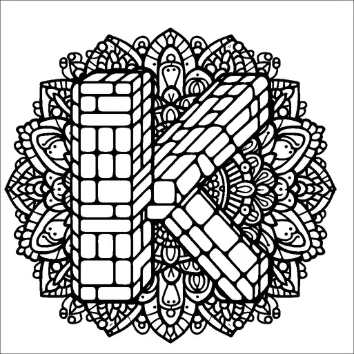 Una grande lettera "K" è esposta in modo prominente in un design a blocchi 3D, con intricati modelli che ricordano i mattoni. Intorno alla lettera c'è un dettagliato disegno mandala caratterizzato da curve ripetitive e motivi floreali. Il contrasto tra la struttura geometrica della lettera e le forme organiche del mandala crea una composizione equilibrata. La complessità del mandala aggiunge profondità e complessità all'immagine.