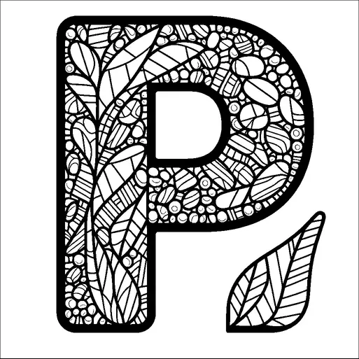 Una grande lettera "P" è intricatamente riempita con vari disegni di foglie e ciottoli. Ogni foglia ha dettagliati modelli di venature, mentre i ciottoli variano in forma e dimensione. C'è una foglia separata, più grande, posizionata a destra della lettera. La composizione generale suggerisce un tema ispirato alla natura.