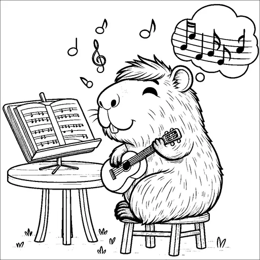 Un capibara está tocando alegremente una pequeña guitarra mientras está sentado en un taburete. Las notas musicales flotan alrededor, sugiriendo una melodía animada, y un atril sostiene partituras abiertas frente a él. El capibara parece contento y concentrado, imaginando la música mientras rasguea las cuerdas. Una burbuja de pensamiento sobre su cabeza incluye notas musicales, indicando que está perdido en la melodía.