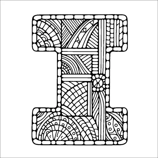 Una grande lettera "I" stilizzata è riempita con un intricato modello. Il design incorpora varie forme geometriche, tra cui curve, linee e cerchi. L'aspetto generale è complesso, con ogni sezione della lettera che contiene un modello unico. Il bordo della lettera è definito da una serie di forme ovali.