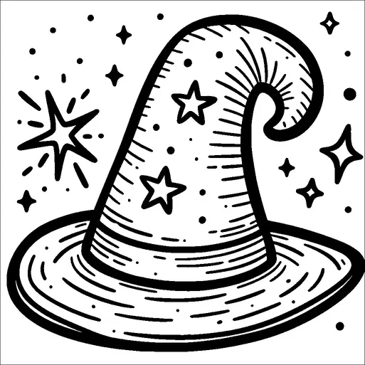 Una capricciosa cappello da stregone adornato con stelle si distingue su uno sfondo di stelle scintillanti e luccichii. Il cappello ha un largo bordo e una punta ricurva, suggerendo uno stile classico di stregone o mago. Lo sfondo è riempito con varie forme di stelle, aggiungendo al tema magico. L'illustrazione crea un senso di incanto e fantasia.