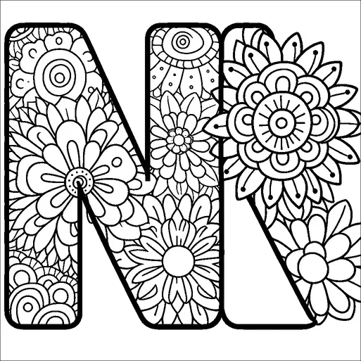La lettera "N" è esposta in modo prominente, riempita con intricati motivi floreali. Vari fiori, tra cui disegni circolari e a forma di petalo, sono disposti in modo intricato all'interno della forma della lettera. Il design è simmetrico e dettagliato, creando un armonioso e artistico mix di forme. Questo vivace motivo floreale aggiunge un carattere vivace alla lettera.
