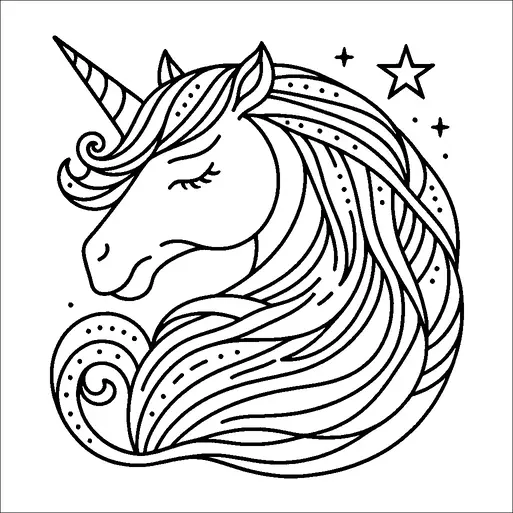 Unicornio con una melena fluida y bellamente detallada se muestra en una vista de perfil serena. El unicornio tiene los ojos cerrados, lo que añade a su apariencia pacífica. Las estrellas están esparcidas alrededor, realzando el tema mítico. Los patrones intrincados dentro de la melena añaden un toque artístico.
