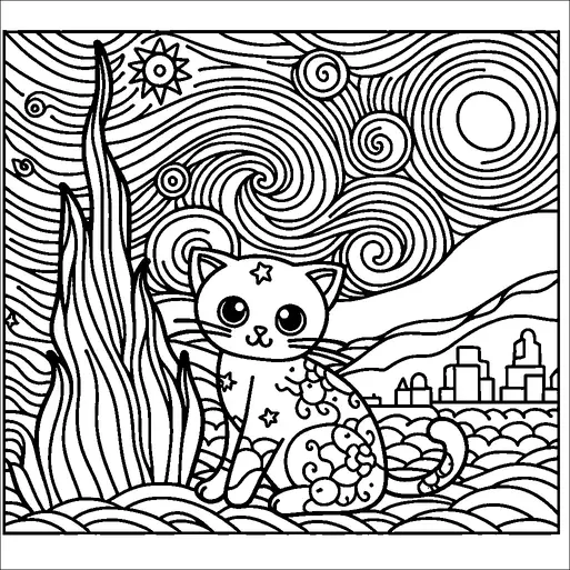 Un gatto fantastico si siede in primo piano con modelli di stelle e fiori sul suo corpo. Lo sfondo ricorda un cielo notturno vorticoso ispirato a Van Gogh con stelle prominenti e una grande luna. Alberi e una città lontana formano l'ambientazione, aggiungendo al paesaggio sognante. La composizione generale dà una sensazione magica e giocosa.