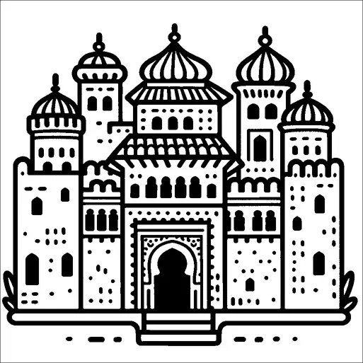 Una grandiosa e dettagliata illustrazione di un castello con molteplici torrette e cupole, caratterizzato da un ornato ingresso ad arco. La struttura mette in mostra vari elementi architettonici, tra cui finestre e motivi decorativi. Il castello è ritratto in uno stile simmetrico che ne evidenzia l'aspetto maestoso. Il design evoca un senso di architettura storica o fantastica.