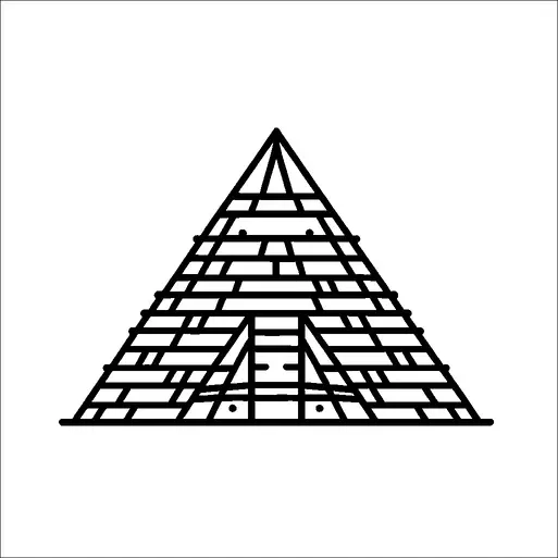 Un modello geometrico forma la forma di una piramide. Il design consiste in linee e rettangoli interconnessi, creando un effetto stratificato. La parte superiore è appuntita, caratteristica delle strutture piramidali tradizionali. Piccoli cerchi decorativi sono incorporati nel modello.