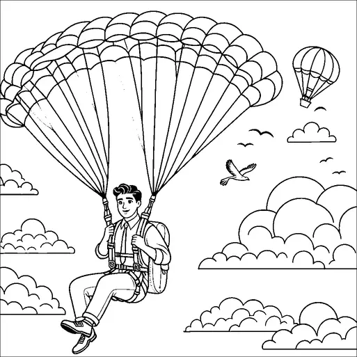 Una persona sta paracadutando attraverso un cielo pieno di nuvole, sembrando allegro e rilassato mentre tiene le cinghie del paracadute. Un uccello vola nelle vicinanze, e si può vedere una mongolfiera in lontananza. Il cielo è pieno di varie nuvole soffici, che aggiungono all'atmosfera serena. Gli uccelli volano intorno, aggiungendo vivacità alla scena.