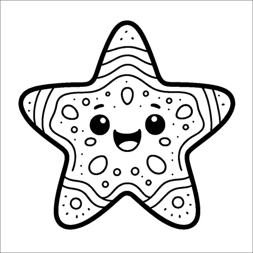 Una stella marina allegra con un'espressione gioiosa ha vari motivi decorativi sul suo corpo, tra cui punti e strisce. Il volto della stella marina include grandi occhi rotondi e una bocca sorridente. Il design è giocoso, catturando un senso di innocenza e felicità. Dà l'impressione di un personaggio da un libro per bambini o da uno spettacolo animato.