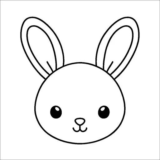 Una semplice illustrazione del volto di un coniglietto è mostrata con grandi orecchie, occhi rotondi e un piccolo, carino sorriso. Le caratteristiche del coniglietto sono simmetriche e l'espressione è amichevole e innocente. Il design è minimalista con linee pulite e audaci che definiscono la forma delle orecchie e del viso.