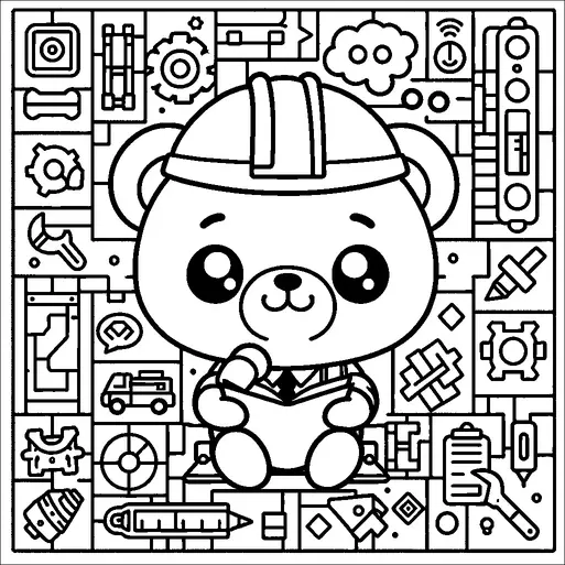 Un simpático oso lleva un casco de construcción y está leyendo un libro, rodeado de varias herramientas de construcción y piezas de maquinaria. El fondo consiste en un patrón de cuadrícula con engranajes, llaves y otros símbolos mecánicos, creando un tema industrial. El oso tiene una expresión alegre, sentado cómodamente con su libro. El contraste entre el personaje suave y los elementos técnicos proporciona una mezcla juguetona de temas.