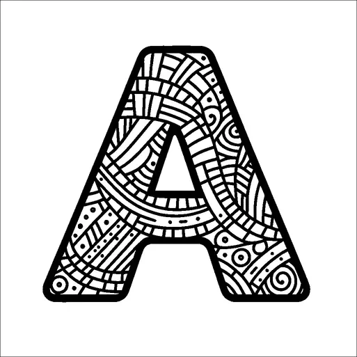 Una grande lettera "A" è intricatamente riempita con vari motivi e disegni astratti. Questi motivi includono spirali, linee, punti e forme geometriche, creando un aspetto complesso e artistico all'interno della lettera. Il design generale è audace e visivamente coinvolgente con contorni neri ben definiti. I motivi all'interno della lettera le conferiscono un aspetto texturizzato e dettagliato.