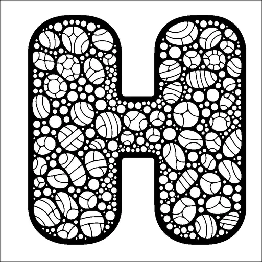 Una grande lettera "H" è riempita con un intricato modello di cerchi e ovali di varie dimensioni. Ogni cerchio e ovale contiene diversi disegni e motivi all'interno, come strisce, linee e altri modelli geometrici. Il design complessivo è complesso e dettagliato, che ricorda una struttura a mosaico o mandala all'interno della forma della lettera. L'uso di forme e modelli diversi crea una forma di lettera visivamente coinvolgente e decorativa.