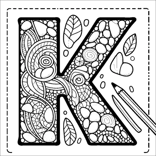 La letra "K" está diseñada de manera intrincada con una variedad de patrones abstractos, incluyendo remolinos, guijarros y hojas. Alrededor de la letra hay hojas pequeñas adicionales y un lápiz, sugiriendo creatividad y talento artístico. El diseño detallado invita a prestar atención a las texturas y formas dentro de la letra. La paleta monocromática resalta la complejidad de los patrones.