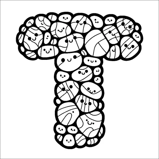 Una grande lettera "T" è composta da numerose piccole facce rotonde e decorate, tutte con espressioni allegre. Ogni faccia è decorata in modo unico con diverse linee e forme. La collezione di facce crea un design intricato e vivace. La forma generale mantiene la forma riconoscibile della lettera T.